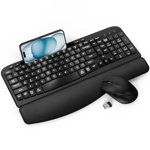 Wireless Keyboard and Mouse Combo, Wave Keys Full-Sized Ergonomic Keyboard with Cushioned Plam Rest, Phone Holder, Comfortable Natural Typing, 2.4G Cordless Set for Computer, Laptop, PC, Mac, Windows