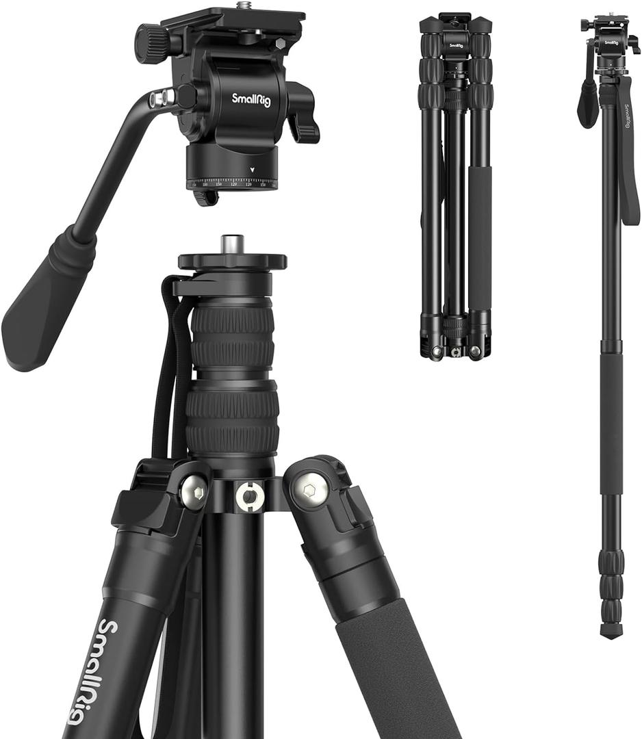 SmallRig CT180 Video Tripod, 72" Camera Tripod Monopod with Fluid Head, Aluminum Camera Tripod, 360 Panorama Fluid Head for Travel, Video, Live Streaming, Vlogging- 3760B
