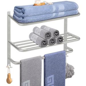 NearMoon Bathroom Towel Rack, 3-Tier Towel Holder with Hooks, SUS304 Stainless Steel Towel Hanger, Wall Mounted Towel Shelf Storage, Bathroom Accessories (22 Inch, Brushed Nickel)