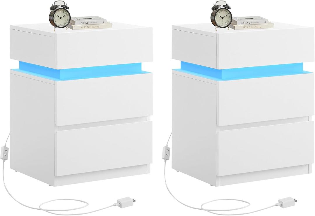 VASAGLE Nightstands with LED Lights, Set of 2, Adjustable Light Colors, Bedside Tables, Side Tables with 3 Drawers, Modern Style, 13.8 x 15.7 x 21.7 Inches, Cloud White ULET799T12, 2 PACK