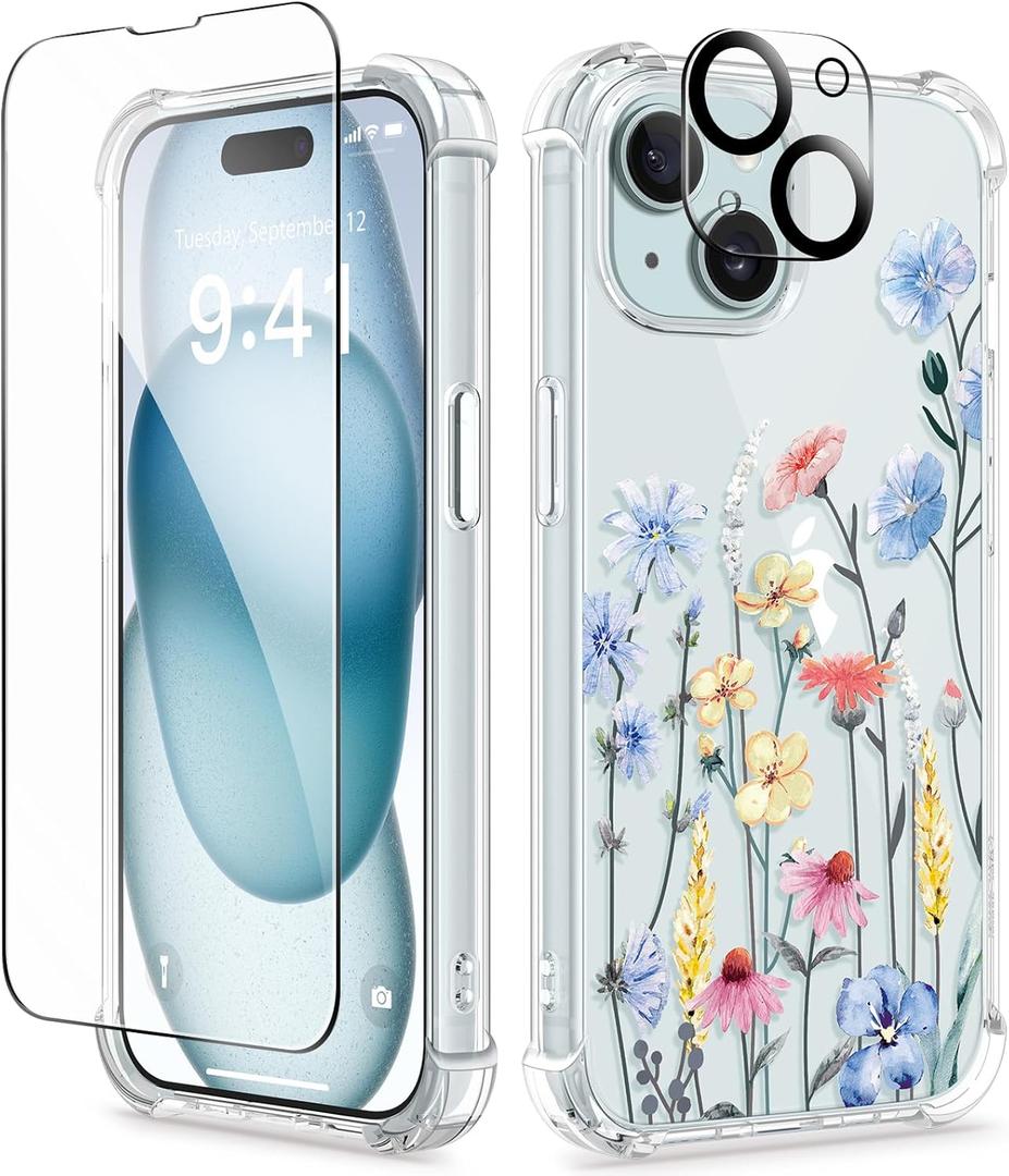 GVIEWIN for iPhone 15 Case Floral, with Screen Protector&Camera Lens Protector,[Non Yellowing] Soft Shockproof Clear Phone Protective Cover for Women, Flower Pattern Design 6.1" (Aconite/Light Blue)