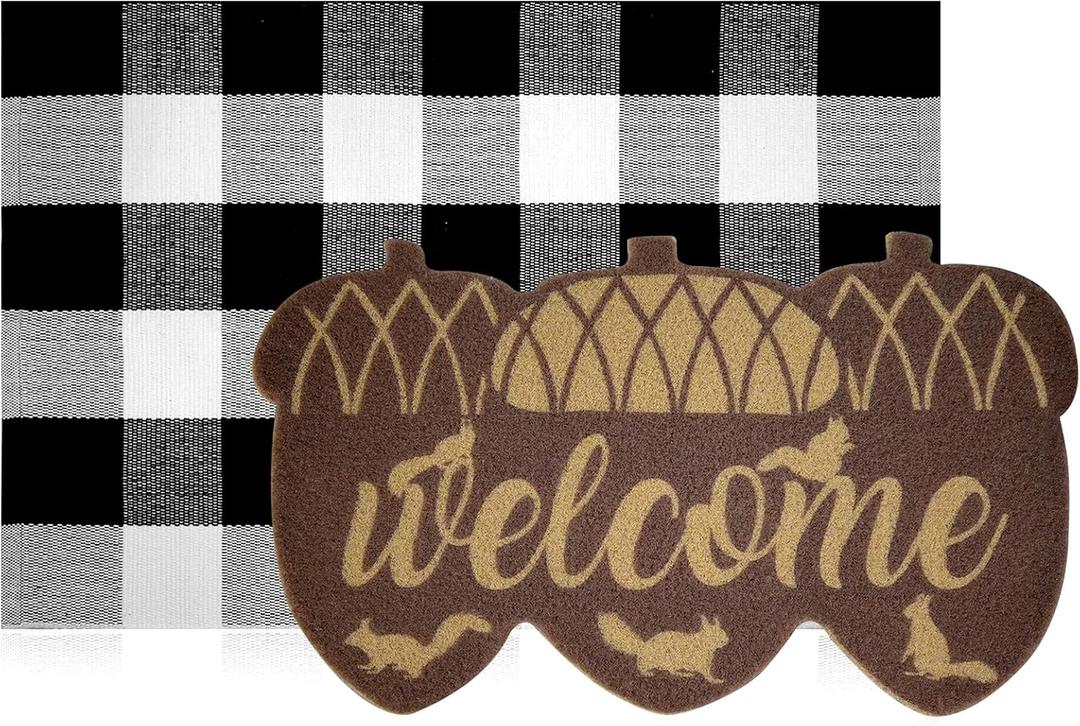 2 Pcs Thanksgiving Fall Rug Coir Door Mats Outdoor Pinecones Doormat for Front Nonslip Fall Welcome Rugs Funny Door Entrance Mat 2-in-1 Buffalo Plaid Rug for Autumn Porch Entryway Decor, 17x30