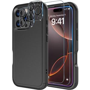 Diverbox for iPhone 16 Pro Max Case [Shockproof] [Dropproof] [Tempered Glass Screen Protector + Camera Protectors] Heavy Duty Protection Phone Case Cover for Apple iPhone 16 Pro Max (Black)