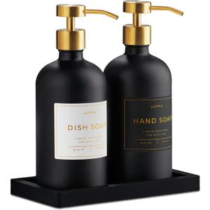 Glass Soap Dispenser Set of 2 (Black) with Silicone Tray | Hand and Dish Soap Dispenser for Kitchen and Bathroom | 16.8 Oz Glass Bottles with Stainless Steel Pump & 15 Waterproof Labels (Black/Gold)