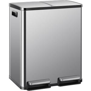 DUMOS Kitchen Trash Can, 28-Gallon Garbage Can with Lid, Stainless Steel Trash Bin with 2 Removable Inner Buckets, Soft-Close Foot Pedal, Fingerprint-Resistant for Kitchen Home Office (Silver)