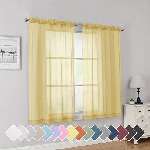 Simplebrand Yellow Short Sheer Curtains 45 Inch Length for Small Windows, Rod Pocket 2 Panels Set Solid Voile Drapes Window Sheer Curtains for Bedroom Bathroom Kids Room Kitchen, 42x45 Inch, 2pcs