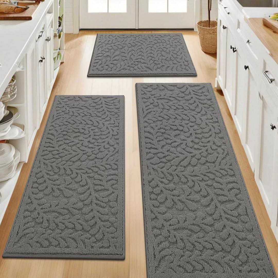 SHACOS Kitchen Rugs Sets of 3 Non Slip Washable Polypropylene Low Pile Absorbent Resist Dirt Kitchen Floor Mat 3 Piece for Entryway, Hallway, Front of Sink (17"x30"+17"x47"+17"x59", Leaves Grey)