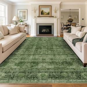 8x10 Washable Area Rug Vintage Green Rug for Living Room Bedroom Low Pile Soft Non-Slip Boho Rug for Under Table Boho Distressed Retro Carpet for Bedroom Kitchen Office Dining
