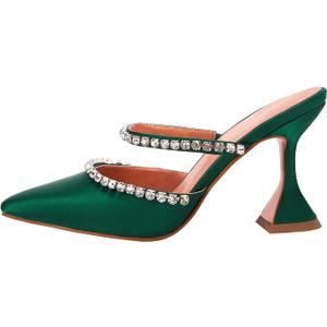 VETASTE Women's Pointed Toe Strappy Heels Crystal Satin Heeled Mules Wedding Party Shoes (10, Green)