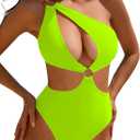 Hilinker Womens Cut Out Sexy One Piece Swimsuit Monokini One Shoulder Tummy Control Bathing Suits, Green (XL)