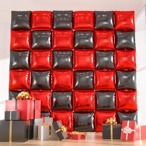 36pcs Red & Black Square Foil Balloons - Double-Sided Mylar Balloon Backdrop Kit for Birthdays, Graduation 2025, New Year, Photo Booth Decor (9.5ft x 9.5ft Checkered Wall/Tunnel)