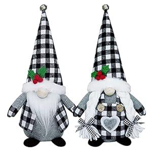 KnomeKo Christmas Gnomes Plush, 2 Pack Handmade Black Buffalo Plaid Check Christmas Valentine Tomte Swedish Scandinavian Figurine Nordic Gnomes Plush Christmas Elf Doll Xmas Ornaments for Home Decor