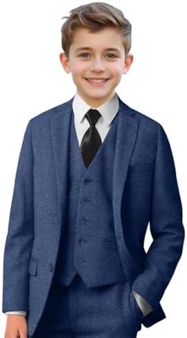 Boy Suits Tweed Herringbone 5 Piece Suits for Teen Boy Blazer Vest Pant Suit Tuxedo Set with Tie, 16Y