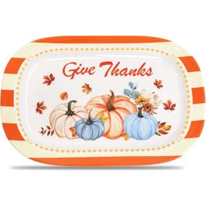 WorldBazaar Thanksgiving Platter Reusable Melamine 9 x 14 Fall Large Pumpkin Plate Gift Holiday Rectangular Serving Tray Turkey Servware Food Container