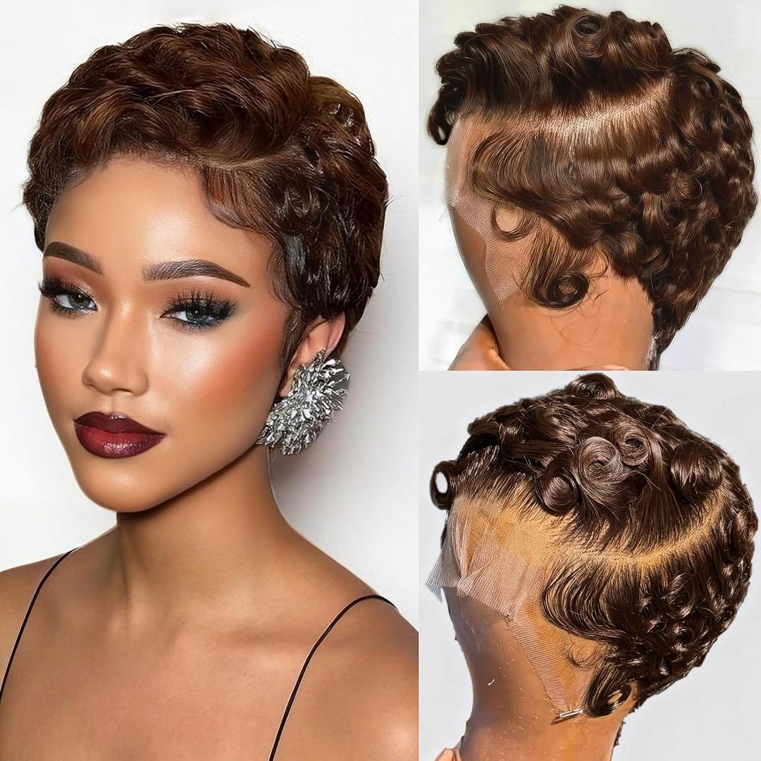 Brown Short Curly Pixie Cut Lace Front Wigs Remy Human Hair for Women, 13x4 HD Lace Frontal Wig Chocolate Brown Short Curly Deep Wave Human Hair Wig Wavy Layered Pixie Cut Wig Glueless Wigs With Bang