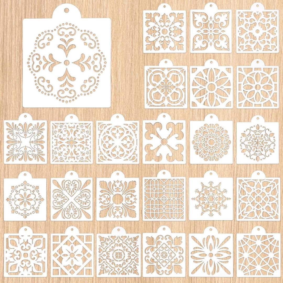 25 Pcs Scroll Tile Cookie Stencils, Royal Icing Cookie Cake Stencils Reusable Pattern, Chinoiserie Tiles Airbrush Painting Stencil, Craft Painting Stencil for Coffee Cake Dessert