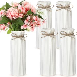 4 Pack White Bud Vases Ceramic for Centerpieces 8.27 Inch White Vase for Flowers with Rope for Wedding Party Dining Table Home Bedroom Kitchen Office Decoration