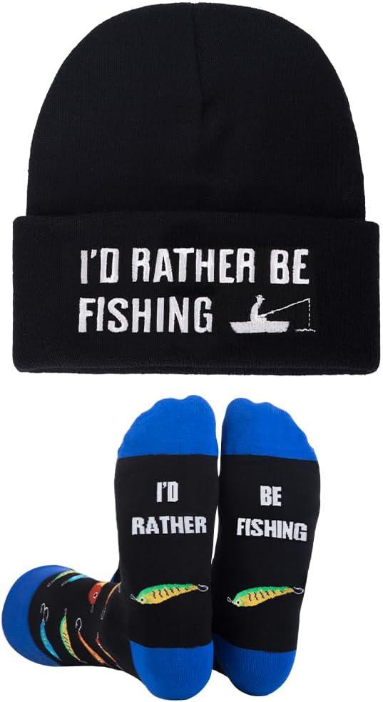 GOAUS Fishing Hunting Camping Gifts Funny Hat and Socks, Gifts for Men Boys Dad Son Husband Boyfriend Grandpa