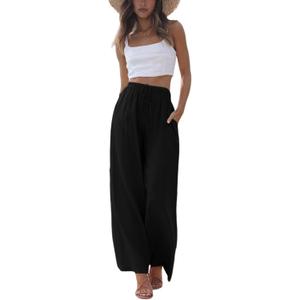 Faleave Women's Cotton Linen Summer Palazzo Pants Flowy Wide Leg Beach Trousers with Pockets (Medium, Black)