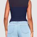 PRETTYGARDEN Women's Summer Sheer Mesh Tank Tops 2025 Trendy Casual Sleeveless Mock Neck Ruched Slim Fitted Going Out Shirts (Blue, S)