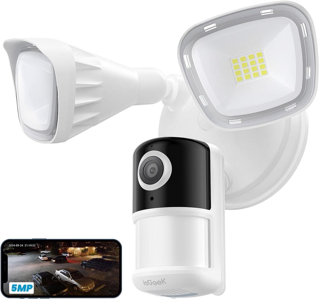 ieGeek Floodlight Camera, 5MP Outdoor Home Security Light with Cameras, 5G/2.4G WiFi Wired Flood Light Cam with Smart Motion Sensor/Siren, Color Night Vision, 2 Way Audio, 24/7 Record,Works w/Alexa