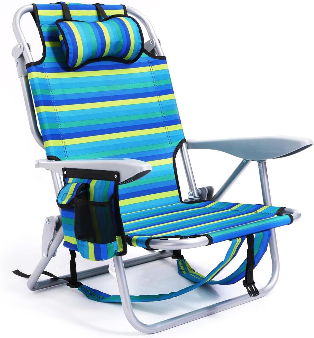 Portable Beach Chair for Adults, Outdoor Camping Chair Lay Flat Folding Backpack Beach Reclining Chair with 5 Positions, Headrest, Cup Holder, Heavy Ocean Striped