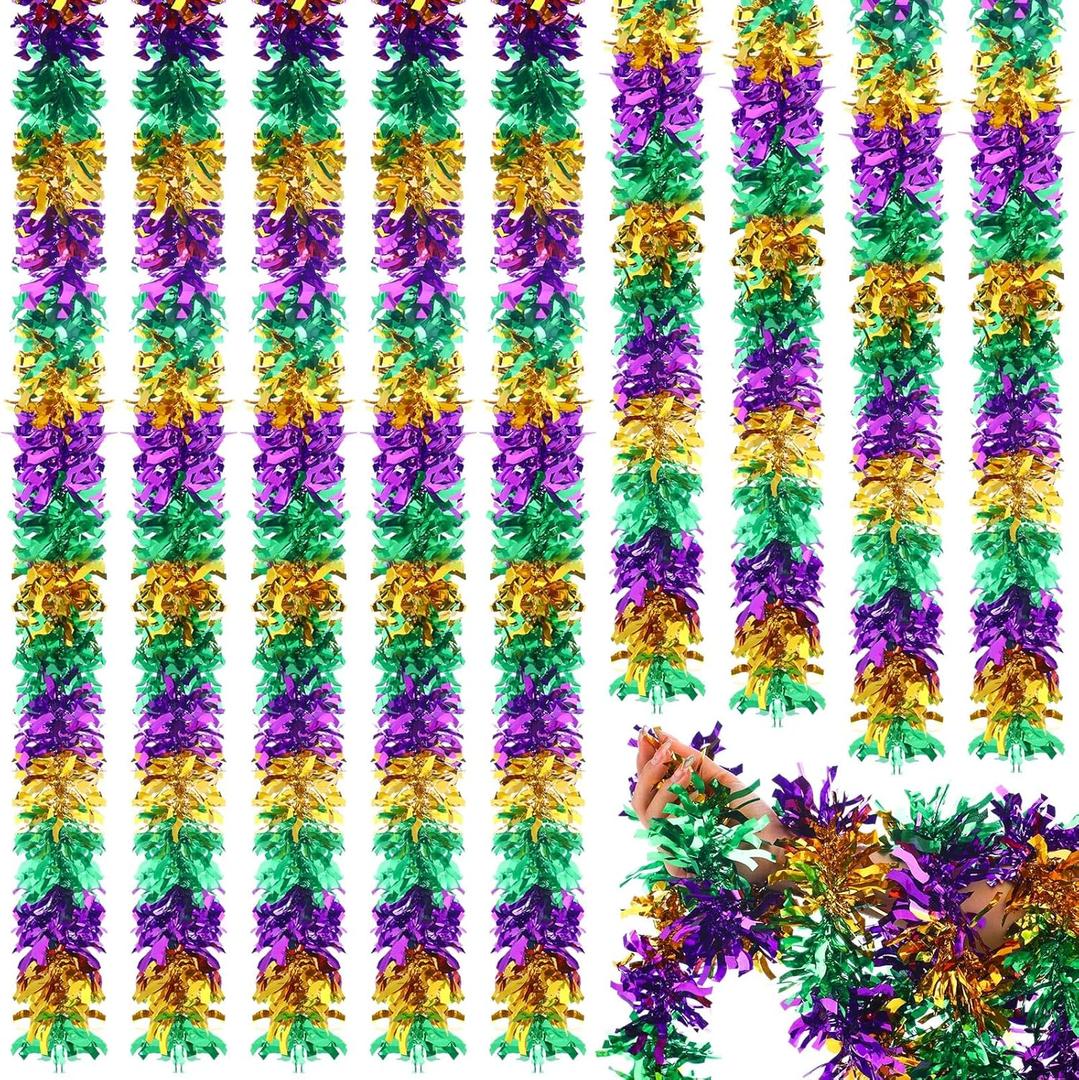 Boao 8 Pieces 52.5 Feet Mardi Gras Tinsel Garland Tree Decoration Green Purple and Gold Metallic Festooning Garland Mardi Gras Decorations for Shiny Hanging Ornament for Carnival Party Indoor Outdoor