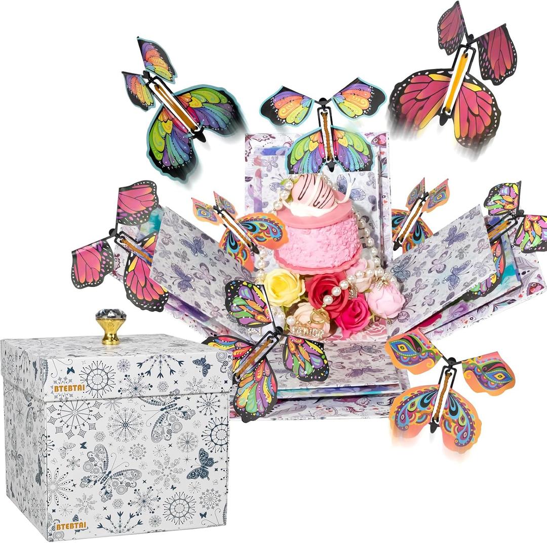 ELDGREON Explosion Gift Box, Flying Butterfly Surprise Gifts Box, DIY White Included Butterfly Kit and Faux Rose Head for Birthday, Mothers Day Gifts & Fathers Day Gift, Weddings, Anniversaries