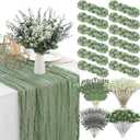 Gilprop Sage Green 132 Pcs Cheesecloth Table Runner with Artificial Greenery Stems Set 35 x 118 Inch Vintage Table Runners for Elegant Wedding Reception Bridal Baby Shower Party Home Decor