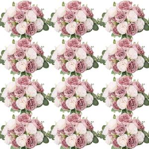 Peonies Artificial Flowers Bulk, 12 Bundles Fake Silk Peonies Faux Eucalyptus Bouquet Realistic Peony Floral Arrangement for Wedding Table Centerpiece Vase Decor (Dusty Pink & Light Pink)