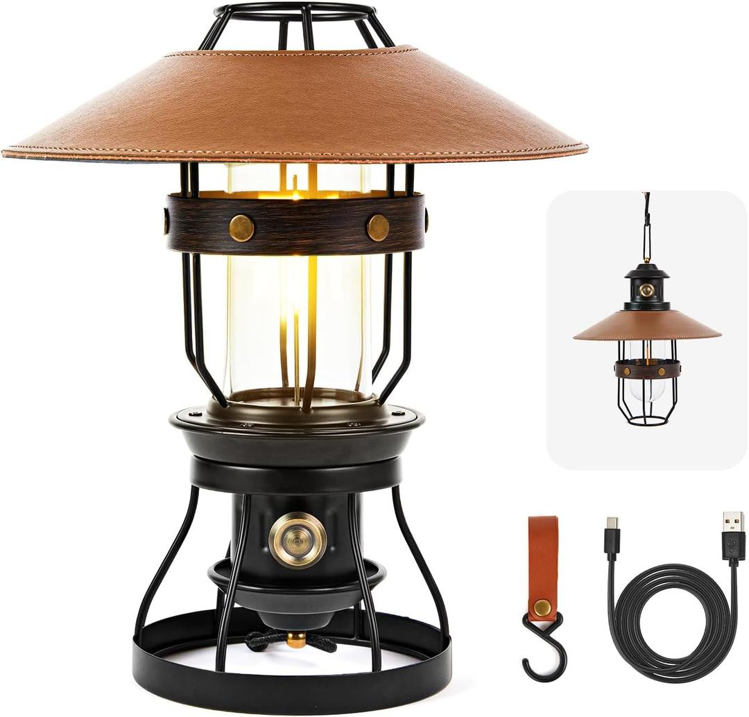 Metal LED Ambient Camping Lantern, 2 in 1 Newest Hanging Standing Camping Lamp, 3500mAh Rechargeable Retro Lantern, Dimmable Ambient Table Lamp with Leather Lampshade for Courtyard Outdoor Decoration