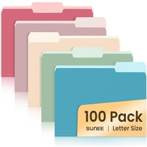 SUNEE File Folders Letter Size Retro Colors, 100 Pack Folders for Documents 1/3-Cut Tabs, Colored File Folders Office Home School for Documents Files Paper