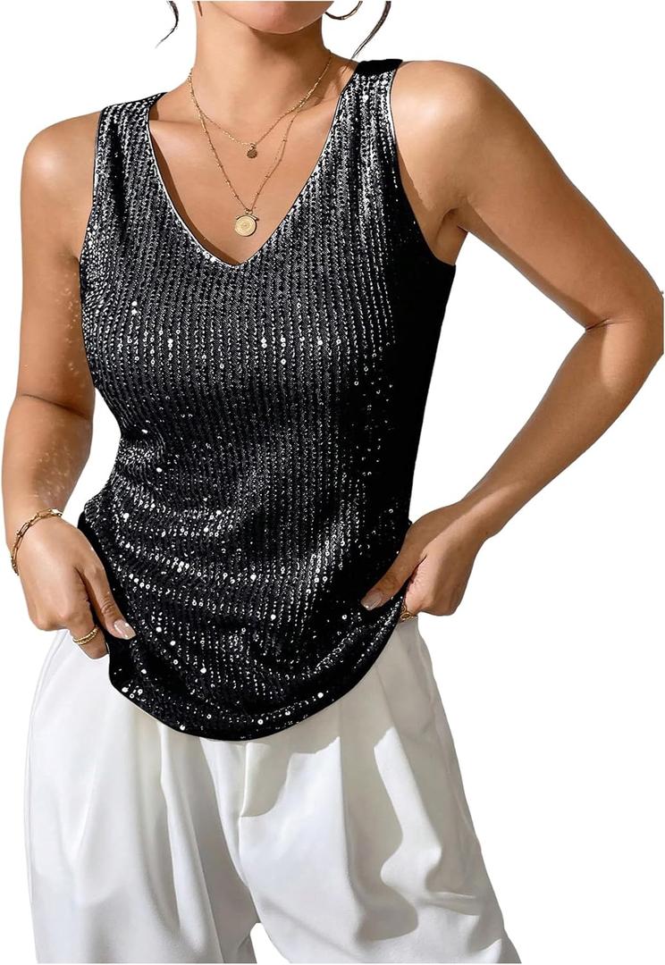 SweatyRocks Women's Sequin Tank Tops V Neck Sparkly Tops Sleeveless Glitter Vest Party Outfits (Black, L)