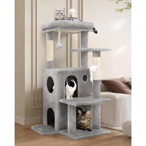 FC50 Cat Tree Tower for Indoor Cats, 50-inch Adult Cat Tree House for Large Adult Cats with Steps, Scratching Post, 2 Cat Caves, Dangling Toys, Light Grey (50inch)
