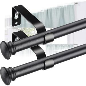 Black Curtain Rods for Windows 2 Pack - 5/8Heavy Duty Stainless Steel Drapery Rod for Kitchen Bedroom Living Room Bathroom Outdoor Patio,28-76 inch Adjustable Curtain Pole with Modern Flat End
