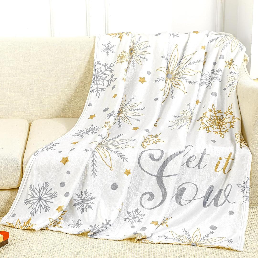 Buryeah 50'' x 60'' Winter Snowflake Throw Blanket White Let It Snow Blanket Plush Warm Gold Silver Christmas Winter Decor for Sofa Couch Bed