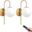 Battery Operated Gooseneck Wall Sconces One Set, Glass Globe Wireless Lights with Remote & Touch, Rechargeable Brushed Gold Sconce, 3 Color Dimmable Ambient Lighting for Bedroom Living Room