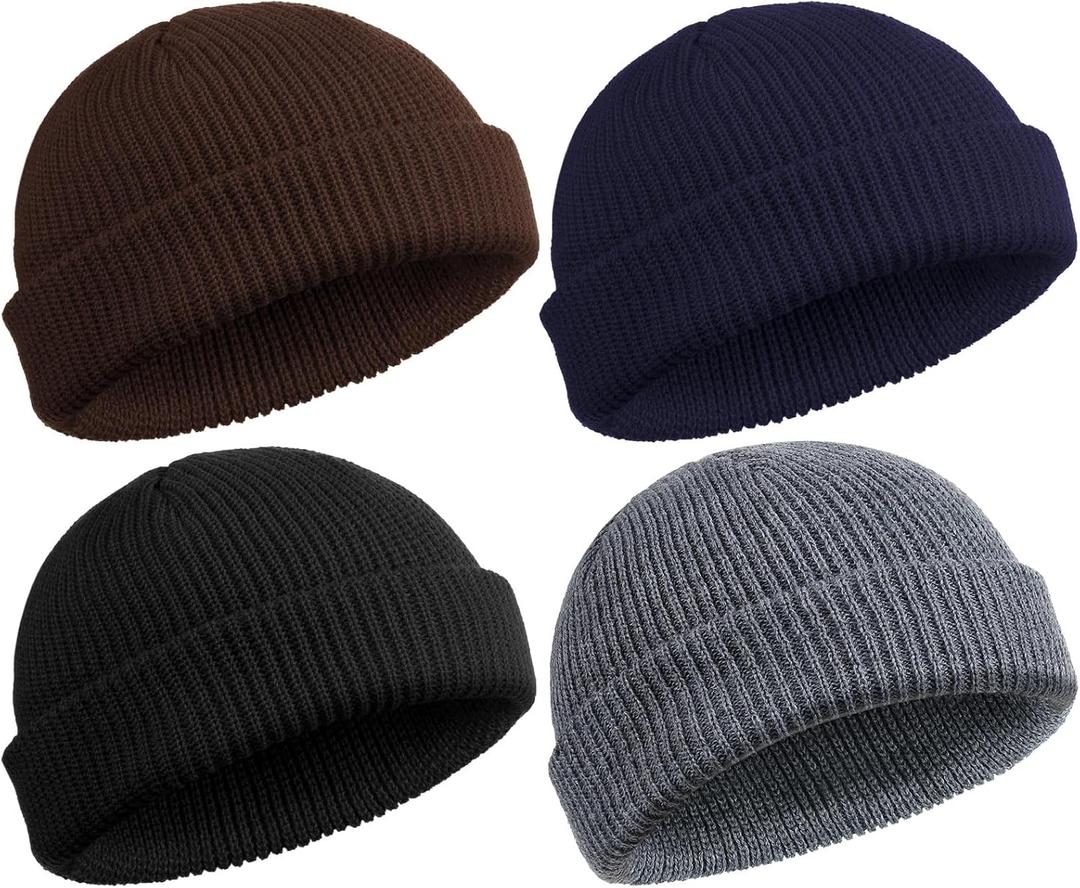 SATINIOR 4 Pieces Trawler Beanie Watch Hat Roll up Edge Skullcap Fisherman Beanie Unisex (One Size, Dark Gray, Coffee, Navy, Black)