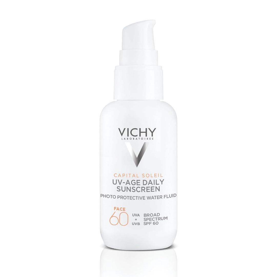 Vichy Capital Soleil UV-Age Daily SPF 60, Anti Aging Sunscreen for Face SPF 60, Hyaluronic Acid + Peptides + Vitamin C, Broad Spectrum Invisible SPF Protection, No White Cast Sunscreen, Expiration Date Is 04/2026 