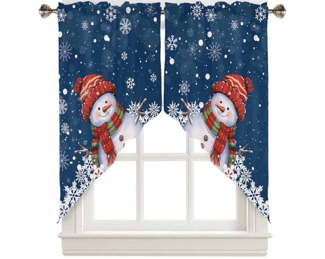 BEMIGO Christmas Kitchen Curtains, Blue Cute Snowman Farmhouse Swag Curtains, Snowflake Rod Pocket Window Valance for Kitchen, Bedroom 28" x 36",2 Panels