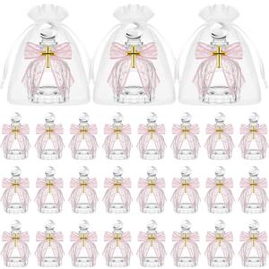Newtay Holy Water Bottles Catholic Bulk Glass Baptism Favors for Guests Christian Water Container with Cross Organza Bags Bow for Holy Communion Gifts Church Wedding Baptism(Pink, 24 Set)