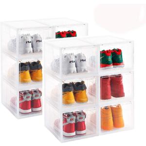 Clear Storage Box Womens Mens Shoe Display Box Plastic Foldable Stackable Shoe Container Clear Closet Shelf Organizer - 6 Pack