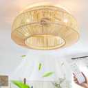Ceiling Fan with Lighting E27 Vintage Rattan Bamboo Ceiling Fan with Remote Control Quiet Ceiling Lamp with Fan 6 Wind Speeds Lamp with Fan for Living Room Dining Room