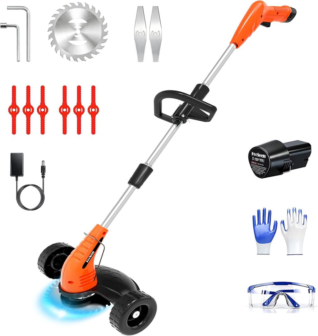 Cordless Weed Wacker, Grass Trimmer with 3 Types Blades and 2.0Ah Li-Ion Battery Powered,12V Electric Weed Trimmer/Edger for Garden Yard Work and Lawn CareOrange