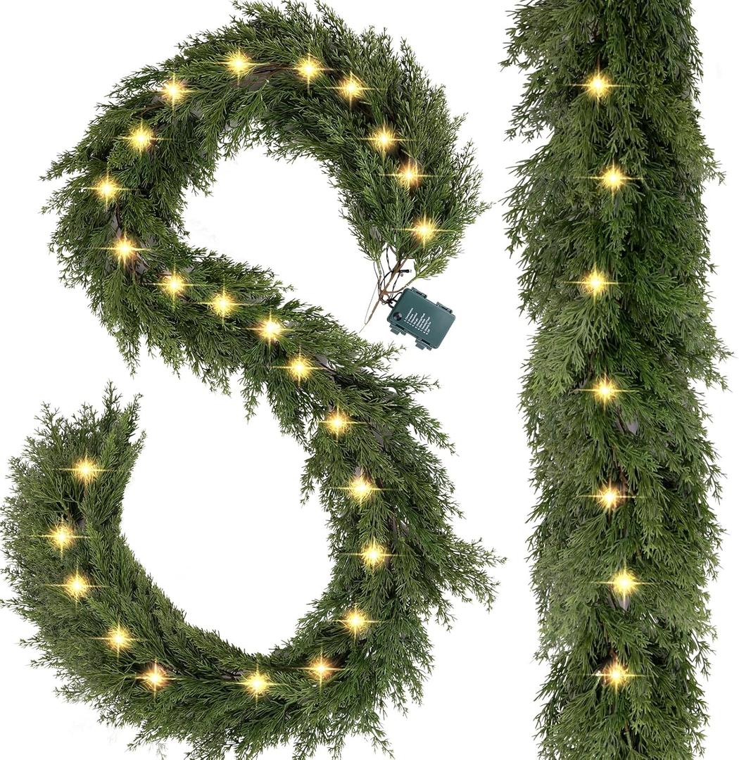 9.2 FT Pre-lit Christmas Cedar Garland Realistic Artificial Pine Needle Garlands Faux Cypress Greenery Garland with 50 Lights for Christmas Table Mantle Wall Room Outdoor Indoor Winter Decoration