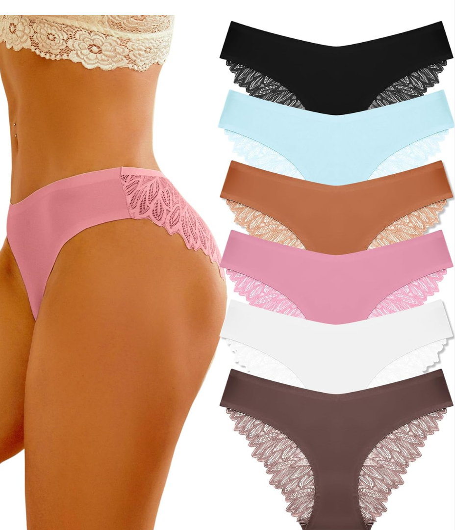 FINETOO 6 Pack Sexy Underwear for Women Silky Seamless No Show Panties Ladies Lace Bikini Lightweight Cheeky Hipster XL