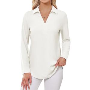 Women's Polo Shirts Collared V Neck Work Tops Long Sleeve Business Casual Dressy Blouses Textured Ribbed Tunic (White, Small)