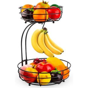 Auledio Iron 2-Tier Countertop Fruit Vegetables Basket Bowl Storage With Banana Hanger, Black, 64 ounces