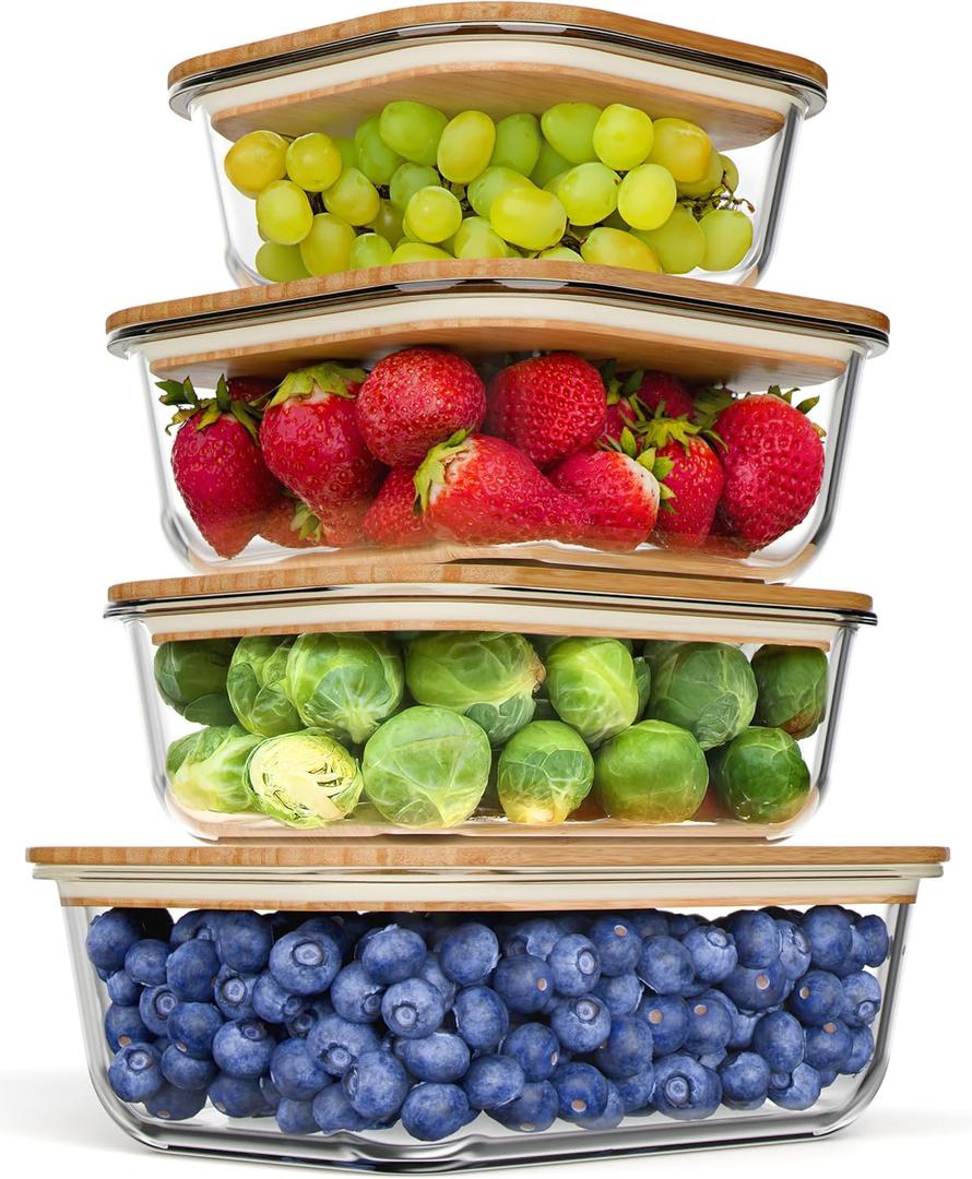 4 Pack Glass Food Storage Containers with Bamboo Lids, Meal Prep Glass Tupperware with Wooden Lid  Dishwasher & Microwave Safe, Plastic Free, BPA Free