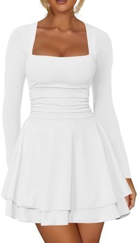 Kaximil Women's Square Neck Ruffle Hem Mini Dress Ruched Waist Long Sleeve Corset Short Party Dresses, Large